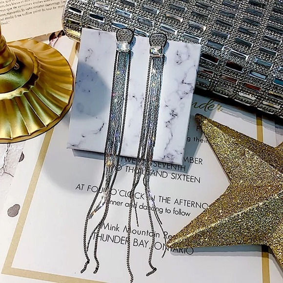 Silver Fringe Black Tassel Multistrand Zircon Dangle Earrings - Picture 5 of 6